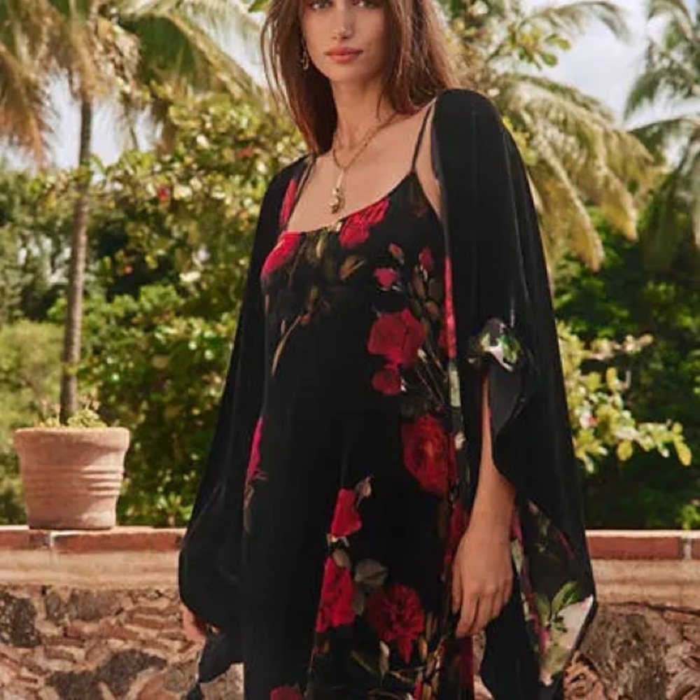 Johnny Was Floral Black and Red Velvet Slip Dress